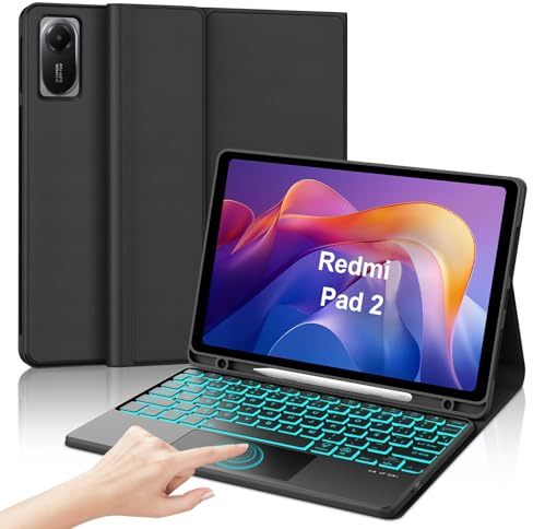IVEOPPE Funda Teclado para Xiaomi Redmi Pad 2/Redmi Pad SE 11 Pulgada, Keyboard Touchpad Iluminación de 7 Colores, Español Magnético Trackpad Desmontable Bluetooth Keyboard, Negro