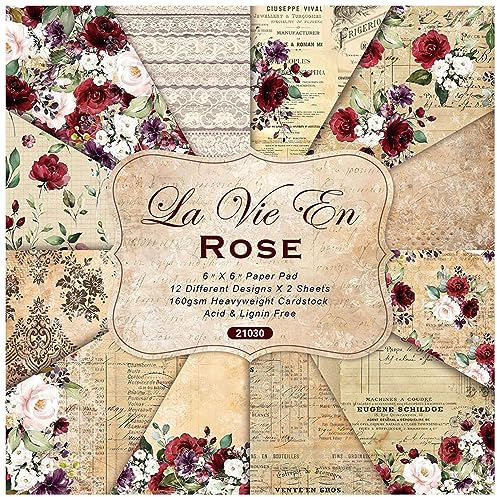 Scrapbook-Accesorios Papel, Bloc de papel de San Valentín de 6x6, 48 hojas de cartón con estampado de pétalos de rosa roja, 12 diseños, papel estampado por una cara-07