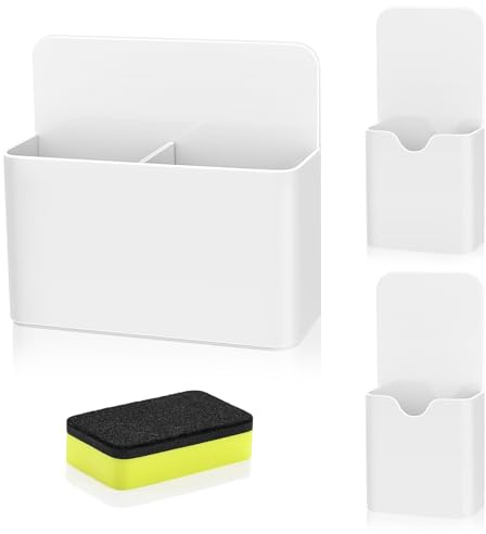 MoKo Boîte de Rangement Magnétique, Lot de 3 Support Crayon avec 1 Effaceur à Sec pour Tableau Blanc, Porte-Marqueur pour Réfrigérateur Surface Magnétique, Blanc