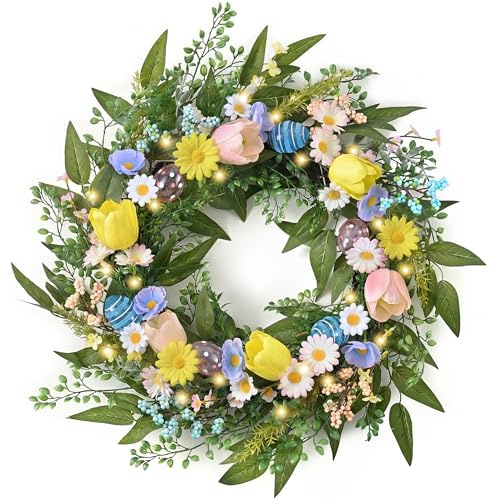 Valery Madelyn 24'' Collapsible Pre-lit Easter Wreath for Front Door, Lighted Spring Door Wreath with Pastel Egg & Daisy Flower, Eucalyptus Greenery Farmhouse Decor for Home Wall Window Indoor Outdoor