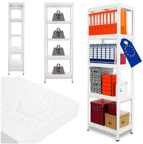 MODO24 Schwerlastregal Metall Elara, 180x60x40 cm, Weiß, 5 Böden je 130 kg Traglast, Lagerregal Stecksystem ohne Schrauben, Steckregal Werkstattregal Kellerregal Garagenregal für Lager Küche Büro
