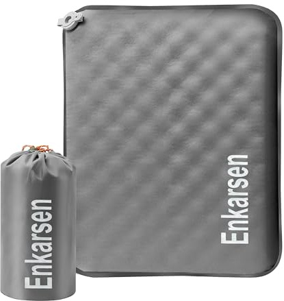 Enkarsen Inflatable Travel Seat Cushion – Self-Inflating Memory Foam Pad for Airplane, Stadium Bleachers, Camping, Hiking & Backpacking – Ultralight Compact & Portable Sitting Cushion (Grey)
