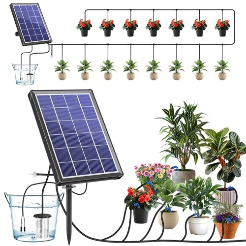Biling 4W Solar Bewässerungssystem mit 2200mAh Akku Tag & Nacht Urlaub | 168 Modi, 15m Schlauch, max 450l/h Automatische Bewässerung für 15-20 Töpfe Garten Hochbeet Gewächshaus Topfpflanzen Urlaub