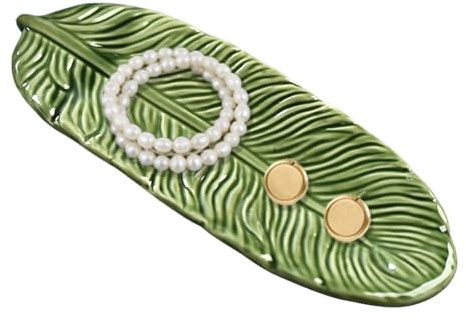 wocpvm Plateau à Bijoux en Céramique Design Feuille de Palmier | Coupelle Bijoux Ceramique Vert pour Bracelets, Bagues & Bijoux, Décoration pour Vanité, Salle de Bain & Salon 21.5x8.3x1.7cm