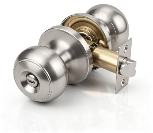 Brotima Satin Nickel Round Privacy Knob Set,Keyless Door Knob for Bedroom & Bathroom Internal Doors,Door Lock Set with Adjustable Latch (60mm/70mm)