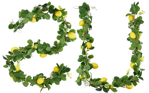 PH PandaHall 2pz Artificiale Limone Ghirlanda Primavera Estate Finto Frutto Vite Ghirlande con Verde Plastica Finto Viti Piante per Porta Parete Matrimonio Festa Tavolo Decorazione, 2m Lungo
