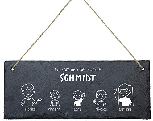 Geschenke 24 Schiefertafel Willkommen im Comic Stil (5 Figuren) - Türschild Familie Eingangstür Haustür - Schiefertafel mit Gravur - Schieferplatte personalisiert, Wanddeko