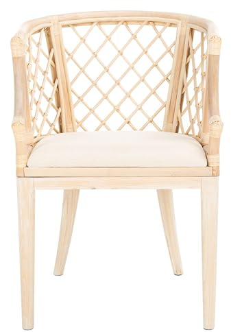 SAFAVIEH Home Collection – Carlotta Natural Rattan Arm Chair with White Cotton Cushion, Coastal Bistro Accent Chair for Dining, Living Room, Bedroom or Office (SEA4013B)