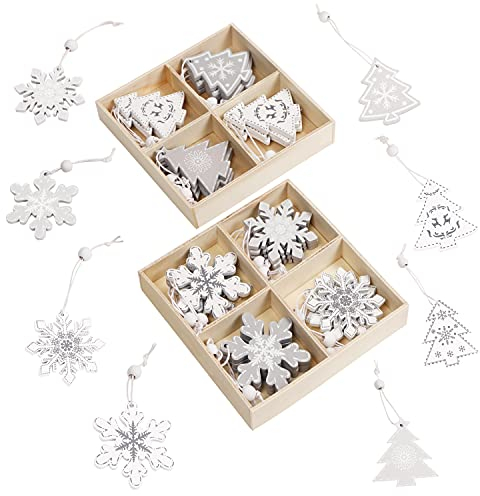 Belle Vous Wooden Nordic Hanging Ornament Christmas Tree Decoration Set (32 Pack) - 8 Traditional Vintage Snowflake and Xmas Tree Holiday Designs - White and Silver Colours