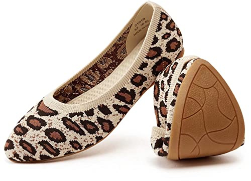 Puxowe Ballerine pour Femme Pointue Tricot Chaussure Confortable Casual Mocassin Sexy Ete Plate Ballet Flat Shoes 39.5 EU Leopard Beige
