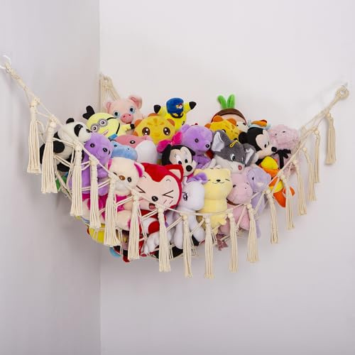 YKBU Stuffed Animals Hammock Corner Hanging Net with Wooden Beads Macrame Stuffed Animal Storage Ideas Plush Holder Toy Organizer for Boho Nursery Playroom Bedroom Kids Room Decor (cream, X-Large)