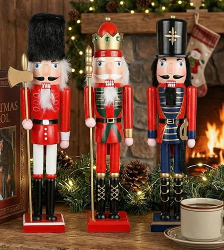 I LOVE FANCY DRESS LTD Juego de 3 decoraciones navideñas para cascanueces, guardia de Busby - rey con cetro - guardia con espada - 38 cm/15 pulgadas - Set de exhibición, decoraciones festivas