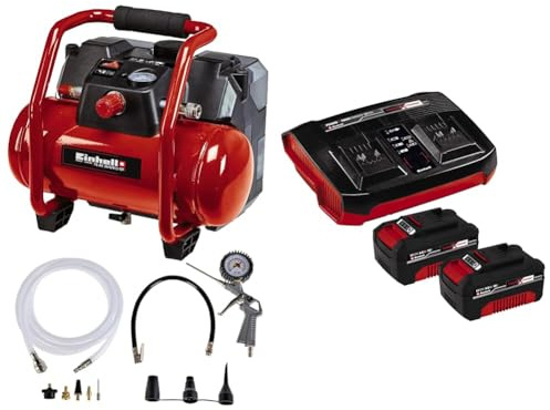 Einhell Compresseur sans fil TE-AC 36/6/8 Li OF Set Power X-Change (li-ion 18 V, 8 bar maximum, réservoir de 6 litres, moteur sans huile, avec accessoires) avec Twincharger et 2 Batteries 4,0Ah
