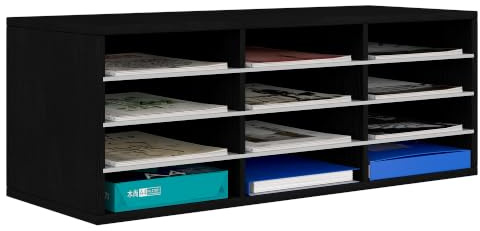 EasyPAG Träskrivbord 4 nivåer arkiveringsbricka skrivbord prydlig postorterare filhållare tidningsorganisatör, 12 fack förvaring, svart, 780 x 303 x 298 mm