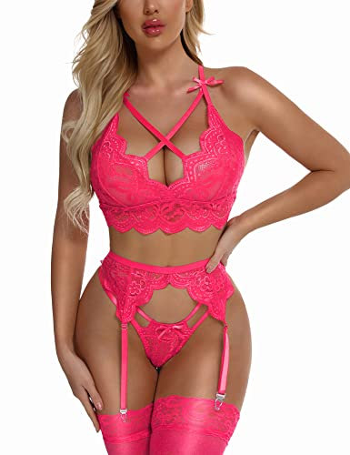 EVELIFE Women's Sexy Lingerie Set with Garter Belt Lace Bra and Panties Set High Waisted Suspenders Lingerie NO Stockings (Pink,M)