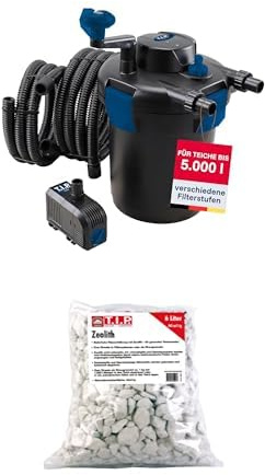 T.I.P. Teichdruckfilter-Set TFP 5000 UV 9 - Komplettset mit Pumpe, UV-C Strahler, 9W, 5000L Kapazität, 1500 l/h Fördermenge, Schläuche inklusive, 30297 + Zeolith Teichpflegemittel 6L Beutel 35047