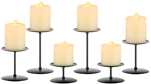 HUOGEE Kerzenständer 6er Set Schwarz Metall Kerzenständer Stumpenkerzen Kerzen Kerzenhalter Unterschiedlicher Größe Vintage Deko Tischdeko für Wohnzimmer Hochzeit Urlaubsparty Hochzeitsbankett