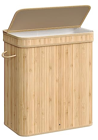 SONGMICS Cesto Portabiancheria con Coperchio, per Biancheria Sporca in Bambù con Maniglie, Sacco Rimovibile Lavabile in Lavatrice, 100 L, Lavanderia Camera da Letto Soggiorno, Beige Naturale LCB063N01