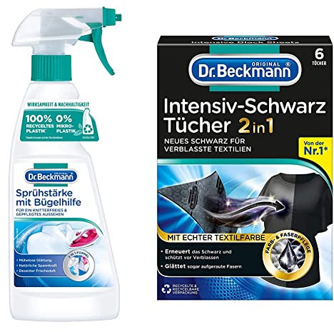 Dr. Beckmann Sprüh-Stärke mit Bügelhilfe, 500 ml & Intensiv-Schwarz Tücher | Für intensives schwarz und glatte Fasern | 6 Tücher