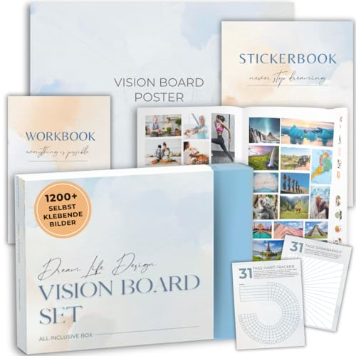 Alina Pom Vision Board Set: All IN ONE Box: 1200+ Selbstklebende Bilder, A2 Poster und Workbook für Dein Visionboard. Visualisiere das Leben deiner Träume.