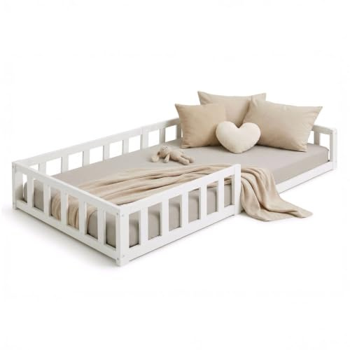 Homestyle4u Bodenbett 90x200 Kinderbett mit Rausfallschutz Weiß | Montessori Kleinkindbett aus massivem Kiefernholz Lattenrost inklusive, Matratze nicht enthalten