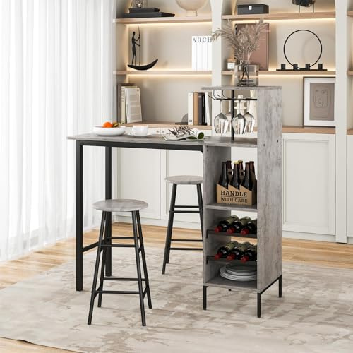 GIANTEX Ensemble de Table de Bar et 2 Tabourets, Table Haut avec Structure Métallique, 2 Étagères de Rangement, Porte Verres à Vin, Pieds Réglables, Style Industriel pour Cuisine, Salon (Gris)