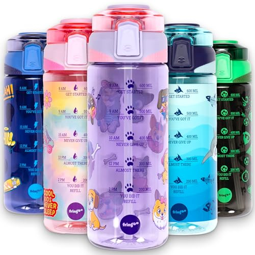 Fringoo Kinder-Wasserflasche für die Schule, 650 ml – 100% auslaufsicher und BPA-frei, Trinkhalm aus Tritan-Silikon – sicherer Klappdeckel, lila