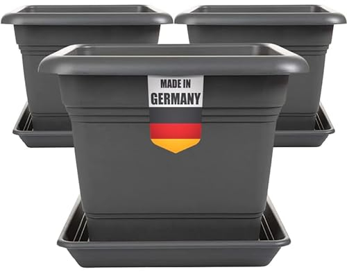LIVINJA Pflanzkübel Eckig 28x28 Anthrazit 3er Set â€“ Robuste, GroÃŸe Blumentöpfe, Frostsicher, mit Untersetzer für Garten & Balkon