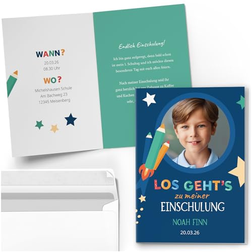 10 Einladungskarten Einschulung mit Foto und Text personalisiert für Jungen | Schulanfang Schuleinführung Schulkind mit Umschlägen Motiv Rakete Blau Jungs Einladung