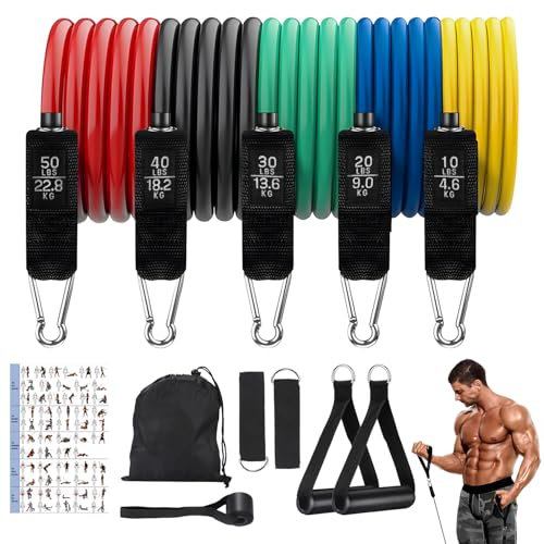 FAOKZE Lot de 5 Bandes de Fitness,Set de Bandes de résistance avec ancrage de Porte,poignées,Sangles de Cheville,Sac de Transport,Bandes de résistance pour Fitness/Stretching/Pilates