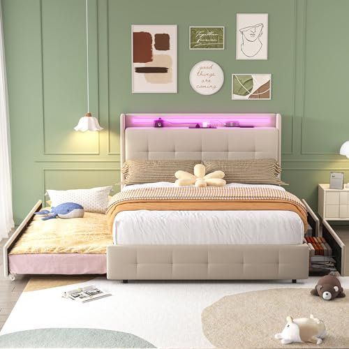 REXO beige, 160x200 cm Ausziehbett, Doppelbett mit USB-Ladekopfteil, Polsterbett mit LED-Beleuchtung und 2 Schubladen, Stauraumbettgestell, Holzlattenrost