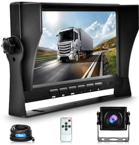 Cámara de Marcha Atrás de Coche Kit, 7 Pulgadas LCD Monitor,1080P AHD Camara Trasera, IP69 Impermeable,Visión Nocturna, con Cable de 15m, para Camión/Autocaravana/Furgoneta/Remolque DC12V-24V