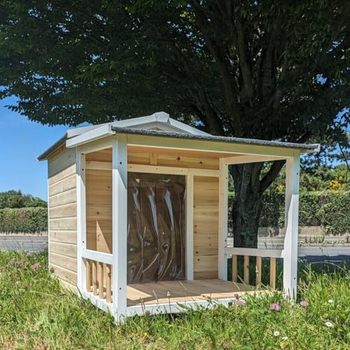 Limitierte Edition – Hundehütte Australischer Schäferhund, Dach und überdachte Terrasse, cremefarben, Größe L