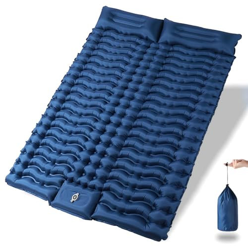 YuanDiann Matelas de camping auto-gonflant pour 2 personnes - 200 x 140 cm - Ultra léger - Épais - Confortable - Double matelas gonflable - Avec pompe à pied et coussin - Bleu marine