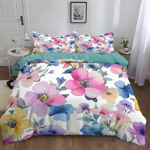 Generisch Bettwäsche-Sets 180x200cm Bunte Blumen Blumen Bettwäsche 3 Teilig, Weich Atmungsaktiv Polyester-Baumwolle Bettbezug Set mit Reißverschluss, 2 Kissenbezüge 80x80 cm
