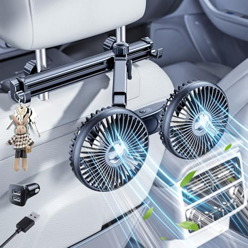 xuenair Ventilatore per auto per sedile posteriore, per bambini, cane, doppia testa, ventilatore USB per poggiatesta auto, SUV, furgone, pickup, camper, braccio di estensione scorrevole, girevole a