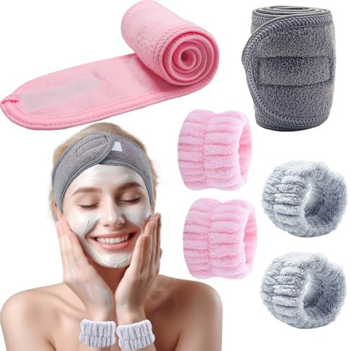BTIYMU 6 Pezzi Fascia Capelli Skincare Donna Polsini Skin Care, Regolabile Fascetta Cerchietto Skincare Doccia Lavaggio Lavare il Viso Spa Kit, Set Fasce da Polso Fascia Trucco a Strappo(Rosa, Grigio)