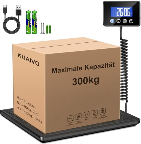 Paketwaage, 300kg/20g Hochpräzise Plattformwaage mit LCD/Hold/Tara Funktion, Postwaage aus Edelstahl für Pakete, Gepäck, Lagerhaus, Unternehmen und für den Hausgebrauch, Aufladbar