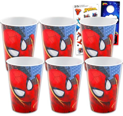 Marvel Spiderman Lot de 6 gobelets réutilisables de 425,2 g – Ensemble de 6 pièces avec gobelets de 445,2 g et autocollants, plus | Gobelets à eau Spiderman en vrac