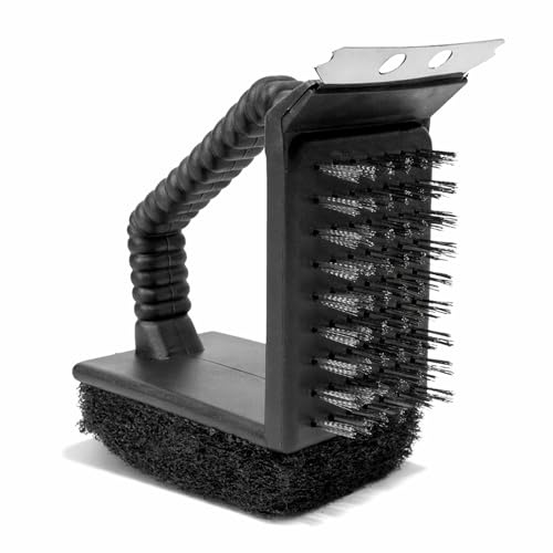 3-in-1 Grillbürste aus Stahldraht, Edelstahlborsten, Scheuerschwamm und Klinge für effektive Grillreinigung, 10 cm Griff, langlebiges Design