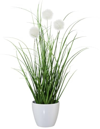 CREATIV green künstlicher Grasbusch 36cm mit Zierpuscheln im weißen Kunststofftopf I künstliches Dekogras im Topf I Ziergras für Innen I hochwertige & dekorative Dekopflanze I Kunstpflanze im Topf
