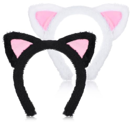 Prasacco 2 stycken kattöron, hårband, söta kattöron, mjukt plyschpannband för rollspel, musikfestivaler, temafester, halloween, karneval, ansiktstvätt (svart, vit)