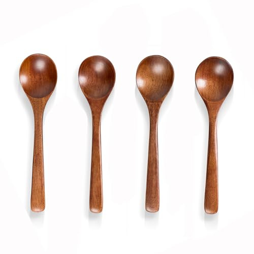 Hefild 4 PCS Wooden Spoons for Eating, 7 inch Wooden Honey Spoons for Tea, Wood Teaspoons for Stirring Coffee, Hard Wood Table Spoon for Cooking, Small Serving Spoon for Soup, Desserts & Cereal