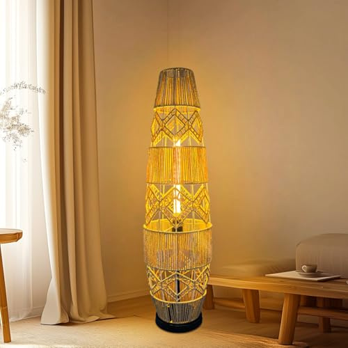 Vrygle Stehleuchte Handgewebte Rattan Stehlampe 93.5 cm: Boho Standleuchte mit Schirm und Fußschalter, 3 wählbare Farbtemperaturen, Für Wohnzimmer, Esszimmer und Schlafzimmer