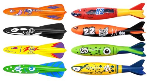 Juguetes de Buceo, 8 Piezas, Torpedo Buceo Juguetes, Divertido juego de juguete de piscina para niños y adultos, Anillos de Buceo, Palos de Buceo, Juguetes Piscina, Juegos de Piscina para Niños