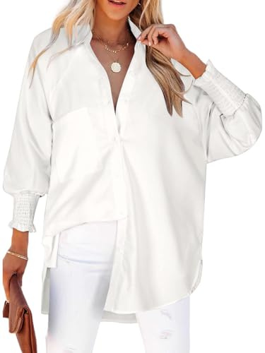 Cuptacc Blusen Damen Langarm Elegant Einfarbig Lässige Oversize Bluse Stehkragen Damen Wrinkle Free Lightweight Weich Elastische Bündchen Hemd Weiß S