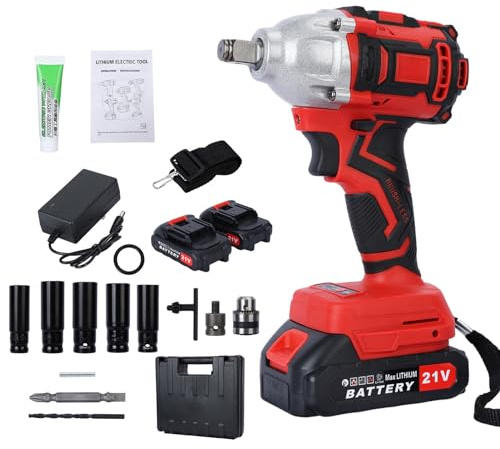 reukmuuc Clé à chocs sans fil 18V, couple de 520Nm pour mécaniciens auto & bricolage, moteur brushless, 2x1500mAh batteries, vitesse réglable, lumière LED pour une utilisation facile Rouge