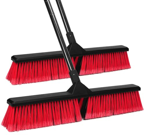 2PK 24 Push Broom Outdoor with 63 Long Handle and Stiff Bristles, Heavy Duty Outdoor Broom Brush for Workshop, Garage, Concrete, Patio and Deck Floor Sweeping