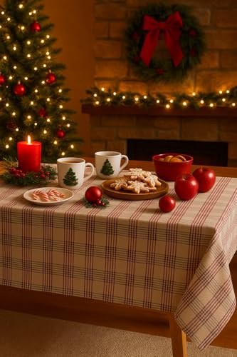 GAMUSI Weihnachtstischdecke, kariert, Leinen, rechteckig, Baumwollstoff, 140 x 350 cm
