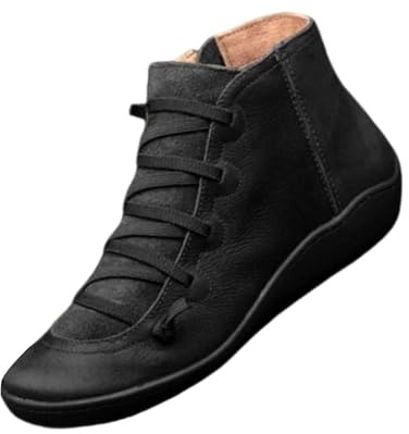 Botines para mujer, sin talón, con soporte de arco, a la moda, con cremallera lateral, vintage, retro, cómodos, sin cordones, zapatos planos de tacón bajo, Black, 38.5 EU